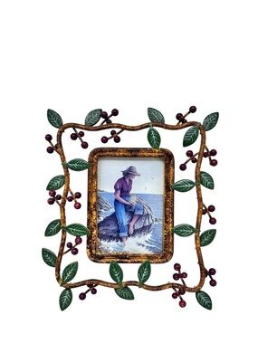 Decorative Metal Picture Frame with Green Leaves Burgundy Holly Berries Small